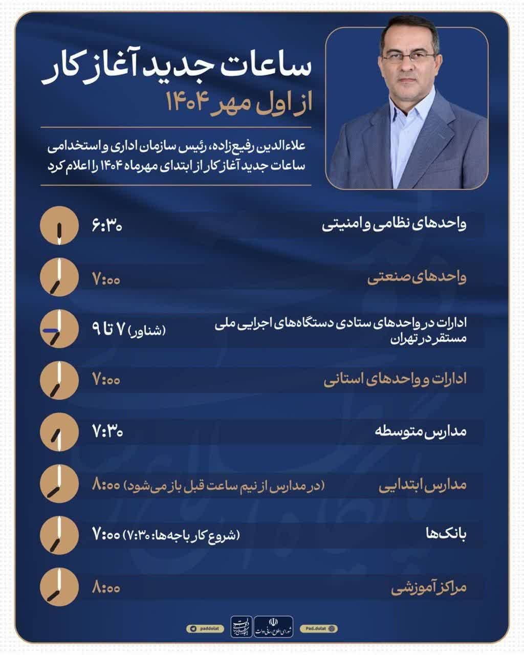 ساعات جدید آغاز کار از اول مهر ۱۴۰۴ ساعات جدید آغاز کار از اول مهر ۱۴۰۴